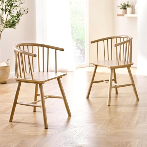 Julian Bowen Kaito Dining Chairs Set of 2, Scandi Beech Oak Effect Kitchen Chair with Curved Spindle Back, Kitchen Seat with Backrest for Dining Room - H 85 x D 58cm | Scandi Kitchen Chairs for Dining Room, Kitchen Seat