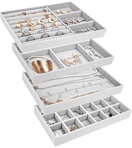 Jesustree Organizzatore Gioielli Espositori per Collane da Cassetto, 4 Pezzi Vassoio Porta Gioielli in Velluto per Conservare et Esporre Orecchini Collane Anello Chiavi, Grigio