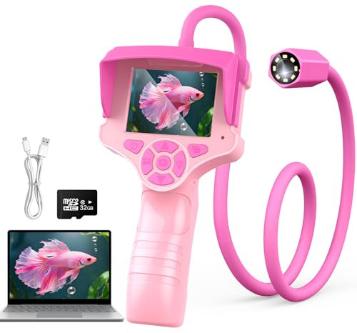 Microscope Enfant Portable, Jouet Explorer pour Filles de 3-12 Ans - Écran 2,4 Pouces, Sonde Flexible 23,6 Pouces avec Éclairage, Étanche IP67, SD 32GB - Cadeaux de Anniversaire pour Pâques - Rosa