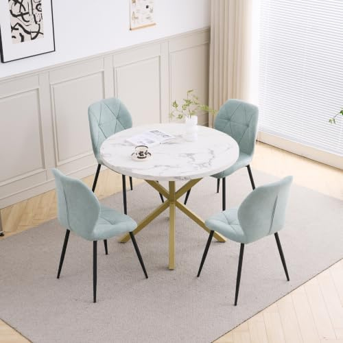 GrandCA HOME Esstisch und Stuhlset, 100 cm Runder Esstisch und 4 Moderne Leinenstühle, für Esszimmer, Küche, Wohnzimmer (Marmor + Mint)