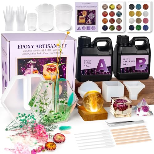 K KERNOWO Epoxy Resin Kit with Light for Beginners, Resin Kit and Molds Complete Set DIY Crafts for Adults Women, Epoxy Set with Vase Mold, 3D Dried Flowers, Measuring Cups and Resins Supplies-20OZ