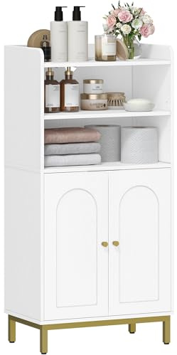Hzuaneri Badezimmerschrank, Verstell. Regalen, 30 x 50 x 100 cm | Badschrank, Küchenschrank mit 2 offenen Fächern, 2 Türen, Freistehender Badezimmer, Weiß-Gold BC58213G