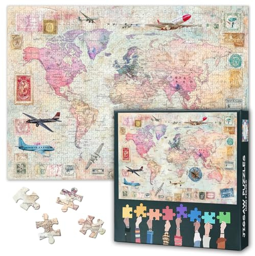 Vintage World Map Puzzles for Adults 1000 Pieces, Maps with Antique Airplanes and Stamps Jigsaw Puzzles, Adult Puzzle for Adults, Educational Fun Games or Toys for Elders Friends 20X27 INCH