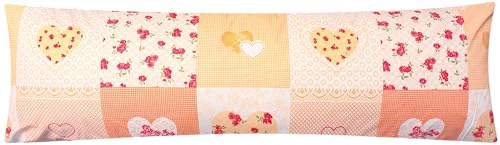 Renforcé Seitenschläferkissen Bezug 40x145cm - Blumen Orange (EW-422/7) | Landhaus, Herzen - 100% Baumwolle, Bezug, Kissenbezug, Kissenhülle, Reißverschluss auf der langen Seite
