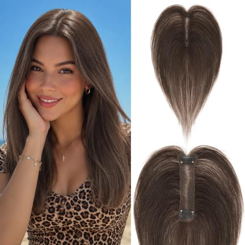 Elailite Haarteil Echthaar Topper Frauen Clip in Haartopper Echthaar Extensions Pony Toppers Remy Human Hair 25cm - #2 Dunkelbraun Curtain Bangs