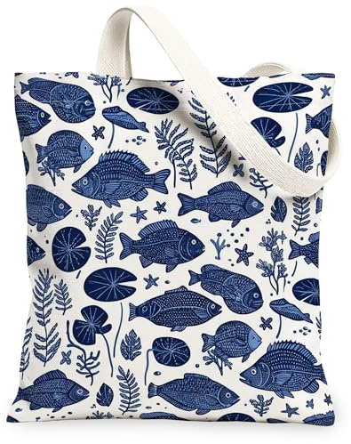 Borsa tote in tela con pesci per donne, natura marina gigli Pad alghe estate blu navy lavabile riutilizzabile piccole borse tote idee F