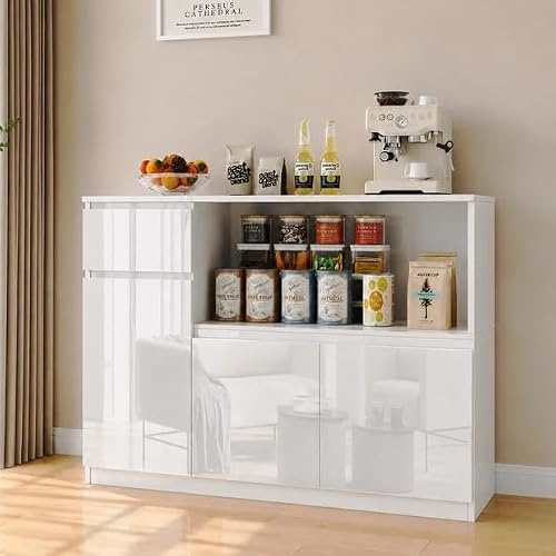 Wumagin Buffet, Meuble de Rangement Laqué Brillante, Commode avec 1 tiroirs et 2 placards à Portes, Étagère Réglable, Buffet Bas pour Cuisine, Salle À Manger et Salon 90x40x82cm Blanc