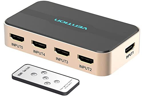 HDMI Switch VENTION 4K Aluminium HDMI Switch 5 in 1 Out UHD HDMI Verteiler mit Fernbedienung, HDMI Umschalter Unterstützt 4K 3D HDR für Fire TV Stick UHDTV PS5/4/3 Xbox DVD Blu-Ray