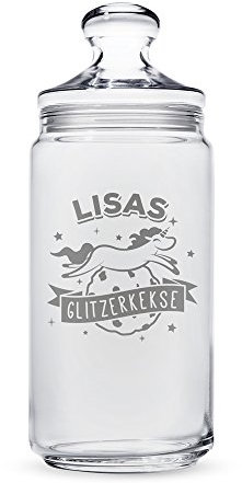 Casa Vivente Keksglas mit Gravur, Einhorn Glas mit Motiv „Glitzerkekse“, Personalisiert mit Namen, Aufbewahrungsglas mit Deckel, Vorratsglas für Süßigkeiten, Einhorn Deko für die Küche