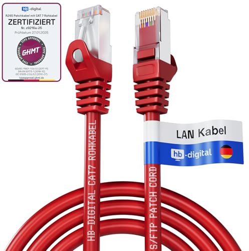 HB-DIGITAL 5x 0,5m LAN Kabel RJ45 Patchkabel mit CAT 7 Rohkabel S/FTP - GHMT zertifiziert - 10 Gigabit Ethernet Netzwerkkabel Kupfer Profi PiMF für Patchpanel Switch PC Router - Rot