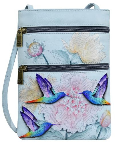 Anuschka Handbemalte Travel Crossbody Tasche aus echtem Leder mit doppeltem Reißverschluss - Rainbow Birds