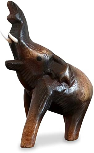livasia Holzelefant (Rüssel Oben) Tierskulptur aus Massivholz, Holzfigur (mini Elefant)