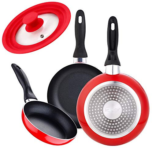 SAN IGNACIO 3-teiliges Pfannen-Set 16/20/24 cm, rot, Universaldeckel in rot, gepresstes Aluminium, Induktion