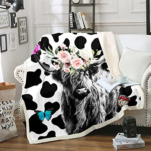 Highland Cattle Throw Blanket Kinder Kuh Plüsch Bettdecke 150x200 Western Cowboy Animal Fleece Decke für Jungen Mädchen Teenager Schlafzimmer, Bull Cattle Butterfly Sherpa Decke für Bett Couch