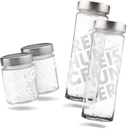 REISHUNGER Set aus 2x Reisgläschen und 2x Reisgläser, zur Aufbewahrung für 300g und 600g Reis, massives Glas mit Skala zum Abmessen