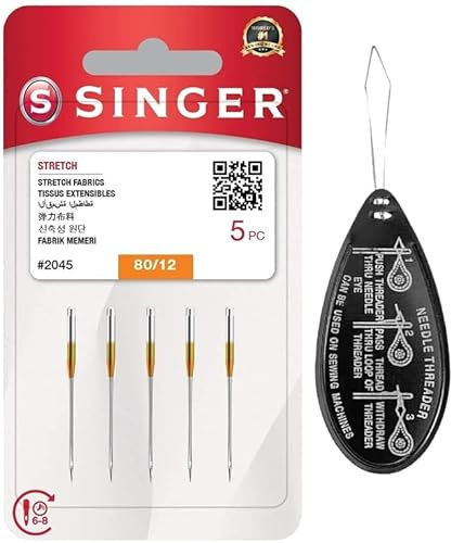 Singer Stretch Ball Point 2045 Nähmaschinennadeln, 5 Stück, Größe 80/12, inkl. großem Nadeleinfädler