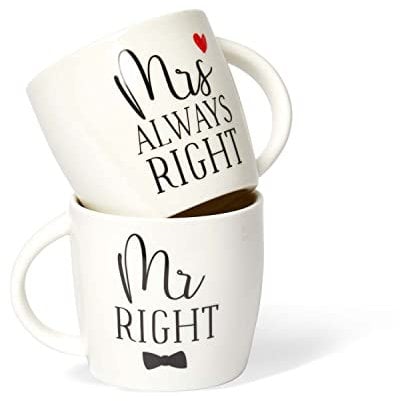 Occasion Mr Right & Mrs Always Right - Juego de tazas de cerámica para té o café, aptas para lavavajillas y microondas