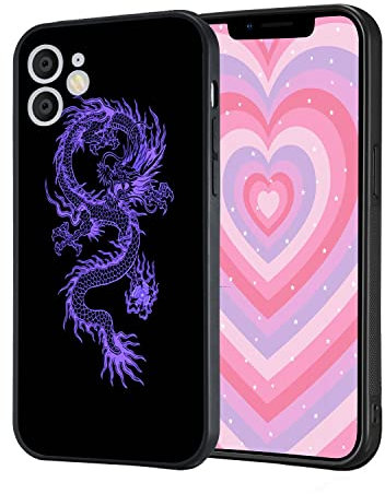 Purple Animal Dragon Black Case for iPhone 12 Pro, Aesthetic Cute Kawaii Cool Designed Phone Case, Boys Girls Men Women Matt Abstract Pattern Frosted Hard PC Back Soft TPU Bumper Protective Case Cover