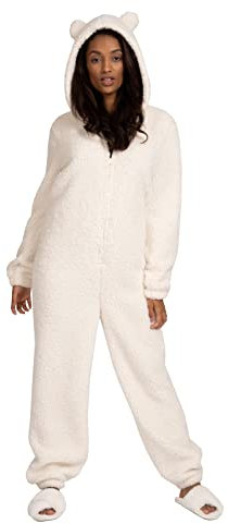 Loungeable Damen Jumpsuit Overall Einteiler Cream Sherpa All in One with Ears 798085CRM L