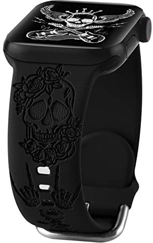 Cinturino di ricambio in silicone con incisione floreale di Halloween, compatibile con Apple Watch da 38 mm, 40 mm, 41 mm, per donne e uomini, motivo teschio stampato al laser, cinturino sportivo di