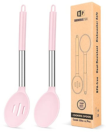 2 große Silikon-Kochlöffel, antihaftbeschichtet, solide, hitzebeständige Küchenutensilien zum Mischen, Servieren, Abtropfen und Rühren (Rosa)
