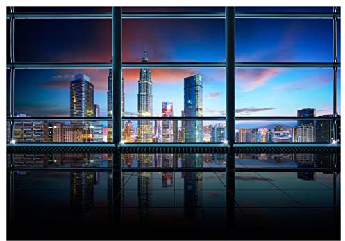 wandmotiv24 Fototapete Stadt Skyline Nacht Ausblick, M 250 x 175 cm - 5 Teile, Wanddeko, Wandbild, Wandtapete, Himmel Haus Fenster M6837