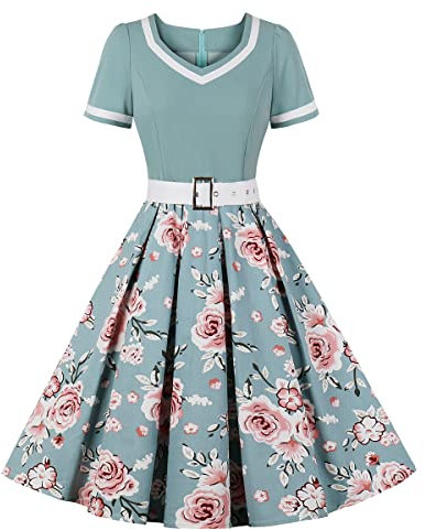 Rockabilly Kleider Damen 50er Jahre Petticoat Kleid Vintage Audrey Hepburn Kurzarm V-Ausschnitt Polka Dot Swing Coctailkleid Hochzeit Gast Festlich Knielang Sommerkleid Abendkleid Grün Blume M