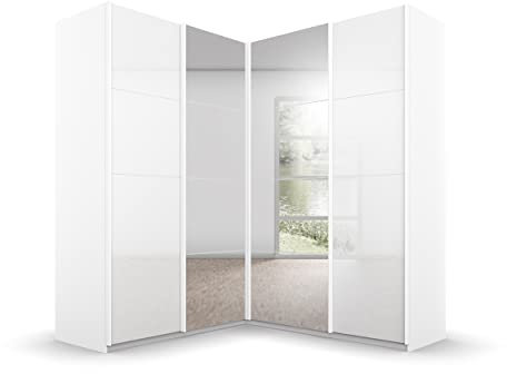 Rauch Möbel Quadra Schrank Eckschrank Schwebetürenschrank, Weiß, 4-trg. mit Spiegel, inkl. 2 Kleiderstangen, 12 Einlegeböden, 3 Schubkästen, BxHxT 181x210x187 cm