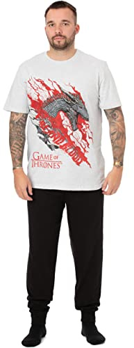 Game of Thrones Mens Pyjamas | Adults Loungewear Pants & White T-Shirt Complete PJ Set | Fire and Blood Targaryen Dragon Short Sleeve Tee Long Leg Pajama | Nightwear Merchandise Gift for Him