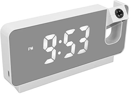 Wecker für Schlafzimmer, Projektions-Digitalwecker an der Deckenwand mit Zeit-, Datums- und Temperaturanzeige, 180°-Weitwinkelprojektion, Snooze USB-betriebener Spiegelwecker (Weiß)