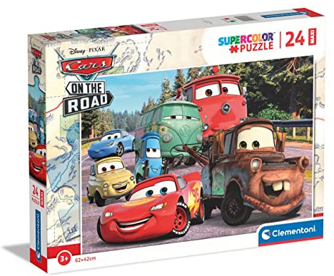 Clementoni - 24239 - Supercolor Puzzle - Disney Pixar Cars Age 3+ On The Road - 24 Maxi Pieces, Jigsaw Puzzle For Kids , Puzzle Cartoon, Made In Italy