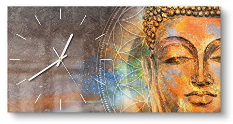 DEQORI Glasuhr | vertikal 60x30 cm | Motiv Meditierender Buddha | große XXL Design Uhr aus Glas | leise Wanduhr für Wohnzimmer & Küche | moderne Hingucker Uhr für die Wand