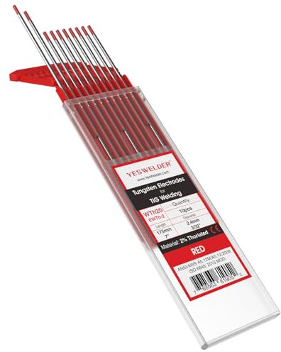 YESWELDER Soudage TIG Tungstène Électrode 2% thorié 2.4 mm x 175 mm (rouge, WT20/EWTh-2) 10 pk