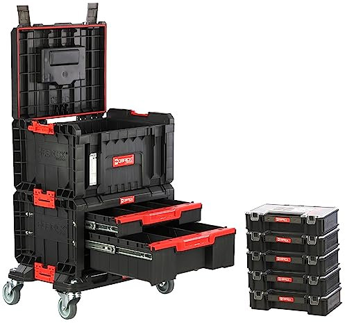Plataforma móvil con cajas de herramientas y 5 organizadores taller set modular conectado PRO