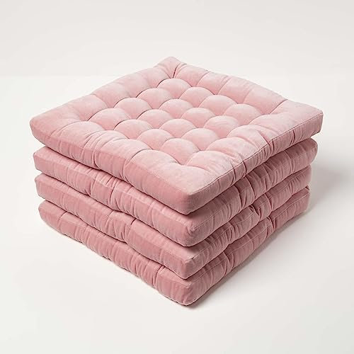 HOMESCAPES Galette de Chaise en Velours, Coussin de Chaise Rose, Lot de 4, Dessus de Chaise 40x40x5 cm