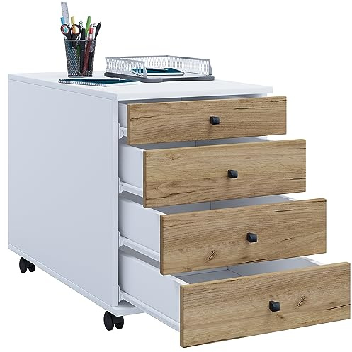 VCM Rollcontainer 42x50x57 cm 4 Schubladen Bürocontainer Holzwerkstoff | Stauraum für Unterlagen unterm Schreibtisch - praktisch fürs Homeoffice und Büro - für Angestellte, Material Holzwerkstoff