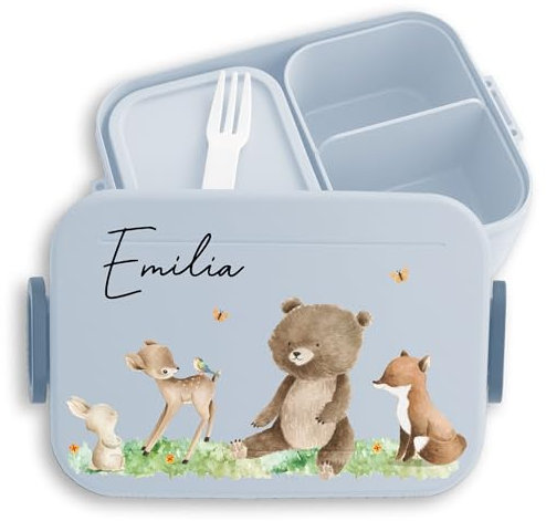 Kinder Bento Box Midi für Mepal Bentobox - Lunchbox Waldtiere Brotbox Tiere Wald Tier Hase I Reh I Bär I Fuchs - 900 ml - Hellblau - frühstücksbox krippe brotdose mädchen kindergarten tieren