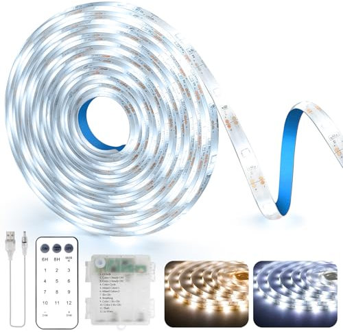 StarryEver LED Streifen Batterie, 5M 150LED kabellose LED Strip 2700K Warmweiß-6000K Kaltweiß mit Fernbedienung, Selbstklebende Lichtleisten, Dimmbar, für Regale, Schubladen, Garderoben, Schlafzimmer