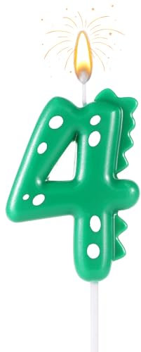 Geburtstag Zahlen Kerzen, 14cm Niedlich Dinosaurier Kerze Happy Birthday-Kuchenaufsatz Dekorationen für Jungen Mädchen Kinder Erwachsene Dino-Themenparty Jubiläum Feier Zubehör (Zahl 4)