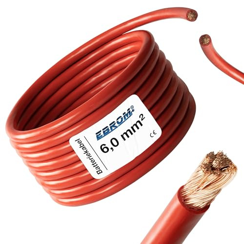 EBROM - 3 Meter Batteriekabel - Pluskabel - ROT - 6 mm² - Vollkupfer | Batterie Kabel - PLUS KABEL - 3 m Länge - für PV, Boot, Solar, Industrie, LKW, KFZ, Caravan und weitere Anwendungsbereiche