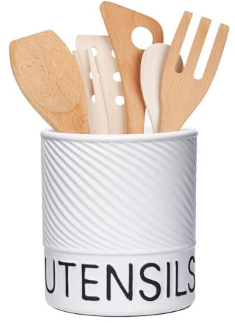 Karisky Utensil Holder for Kitchen Counter, 6.5 Large Ceramic Utensil Crock with Cork Mat, Modern Cooking Tool Spatula Organizer for Countertop Decor, Matte White