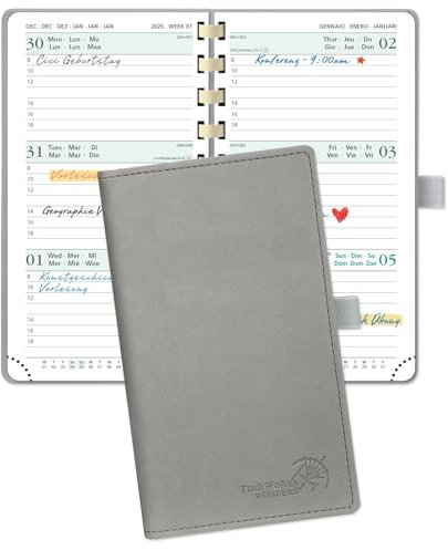 POPRUN Taschenkalender 2025 Klein 16,5 x 9 cm (Jan.2025-Dez.2025) - Kalender 2025 Klein Ringbuch mit Softcover - Terminplaner, Planer 1 Woche 2 Seite mit Kartenschlitz - Grau
