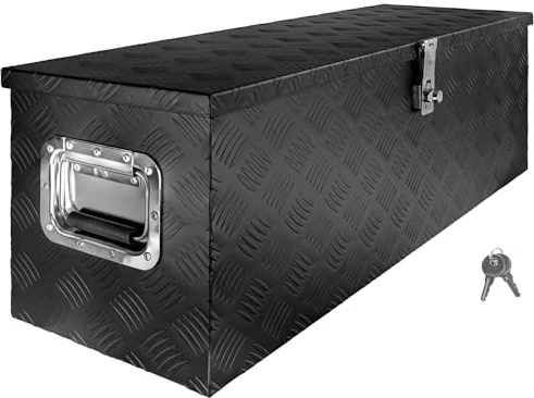 Trucky Deichselbox Schwarz Werkzeugkasten Truckbox Alu Box Anhänger Kiste mit Deckel Abschließbar Alubox Transportbox Werkzeugbox Aluminium Aufbewahrungsbox D100