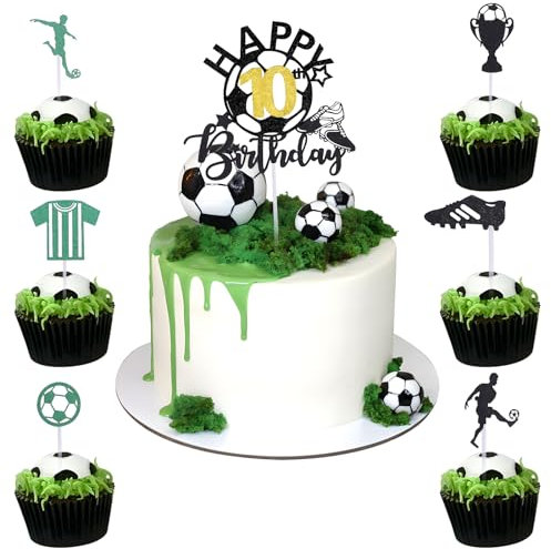 7PCS Happy 10th Football Cake Toppers, 1 Glitter Cake Number Topper with 6 Soccer Cupcake Decorations, Cake Décor Supplies for Football Party Birthday Party European Cup (Number 10)