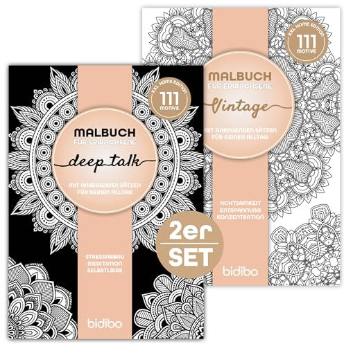 2er Set XXL - Malbücher-Set für Erwachsene - Mandalas & Garten-Ausmal-Bücher - exklusive Motive - motivierende Sprüche - viele Ausmalseiten - Entspannung Stressabbau - Zuhaue & to-go - von bidibo