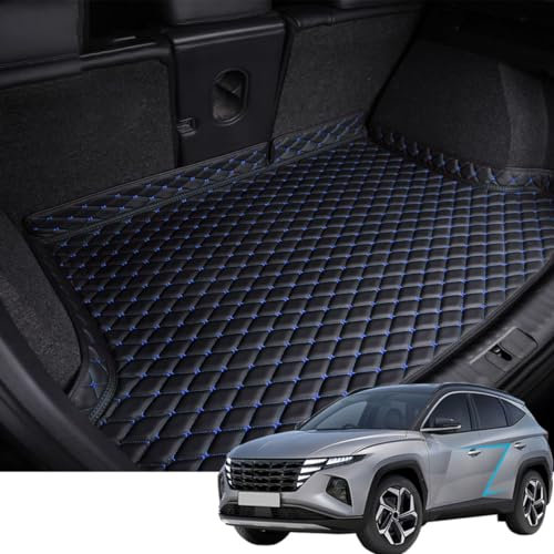 YMYQF Kofferraummatte Kofferraumwanne für Hyundai Tucson Plug-in Hybrid/NX4 PHEV 2021 2022 2023 2024 2025, rutschfest Kratzfestem Leder Kofferraummatten Kofferraumschutz Autozubehör,Black+Blue