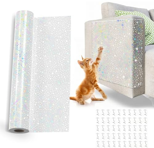 DOZNOZRI Anti Cat Scratch Furniture Protector Roll 30x500cm Clear Self-Adhesive Cat Sofa Protector from Pets Waterproof Star Cat Scratch Protection Sofa Film for Carpet, Sofa, Couch, Door, Wall