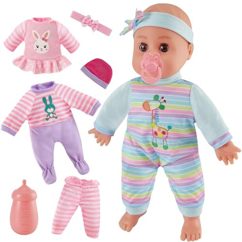 LINFUN KIDS Babypuppe mit Funktionen Weichkörperpuppe mit Schlafaugen und Schnuller Flasche Puppenzubehör mit 3 Kleidung Outfits Puppen Spielzeug Rollenspiel Geschenk für Jungen Mädchen ab 3 4 5 Jahre