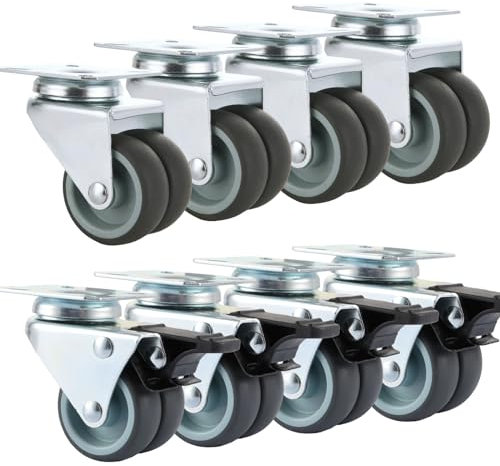 LOPYXBR 8 Stück Möbelrollen 50mm Schwerlastrollen Rollen mit Bremse bis 220KG Transportrollen Lenkrollen Doppelrollen für Möbel Drinnen und Draußen, aus TPR (4 mit Bremsen+4 ohne)