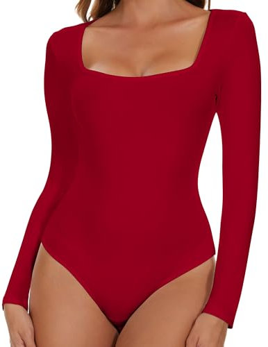 SHAPERIN Women's Bodysuit Square Neck Long Sleeve Body Suit Top Tanga Leotard Jumpsuit Tops Elegant Bodysuits Going Out Red 1# S
